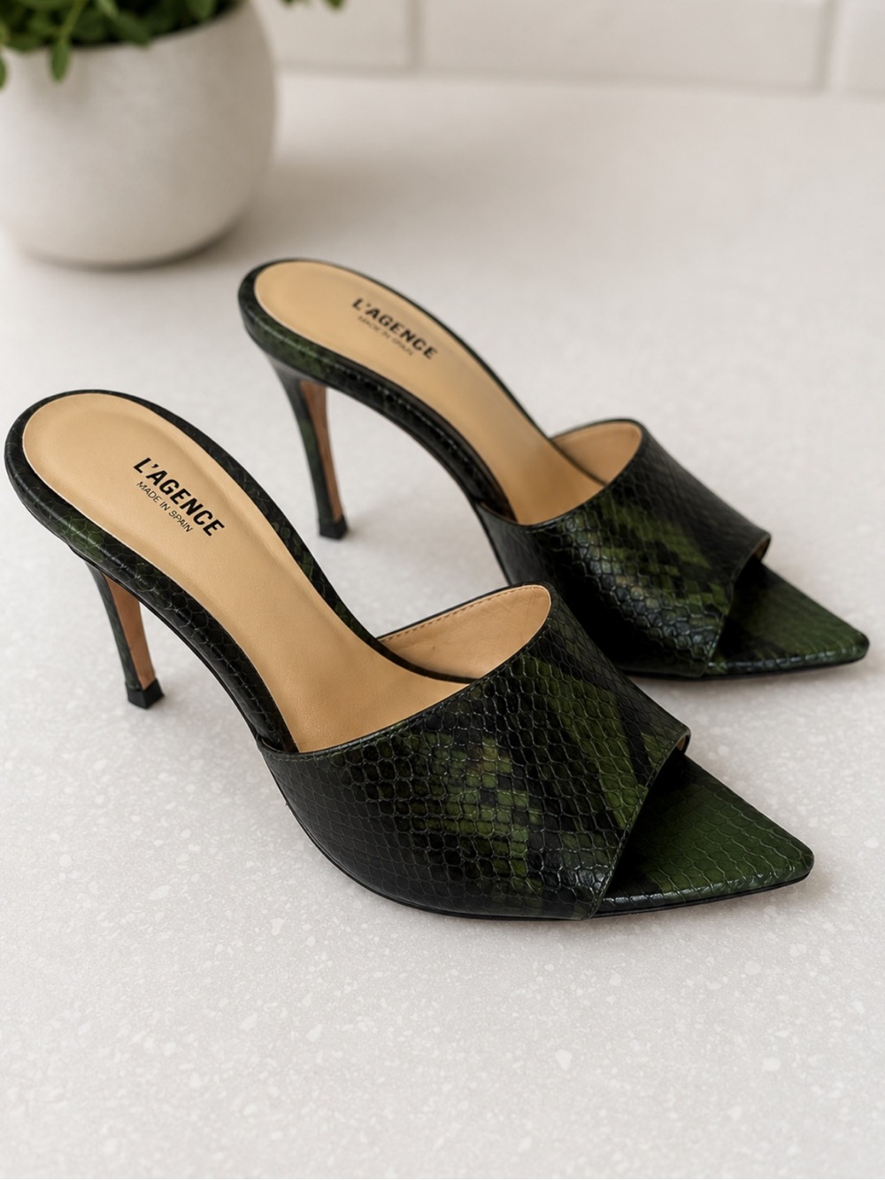 L'AGENCE Green and Black Snake-Embossed Leather Mules